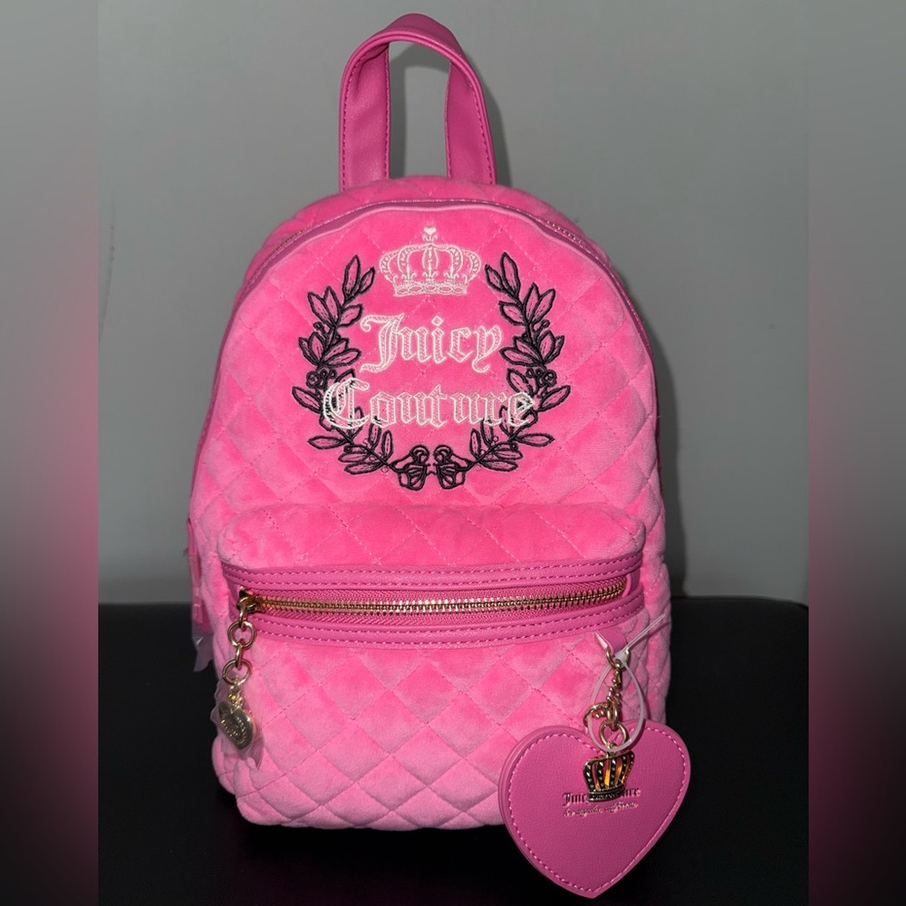 JUICY COUTURE Royal Moment Medium Backpack + Heart Crown Keychain Pink Velour